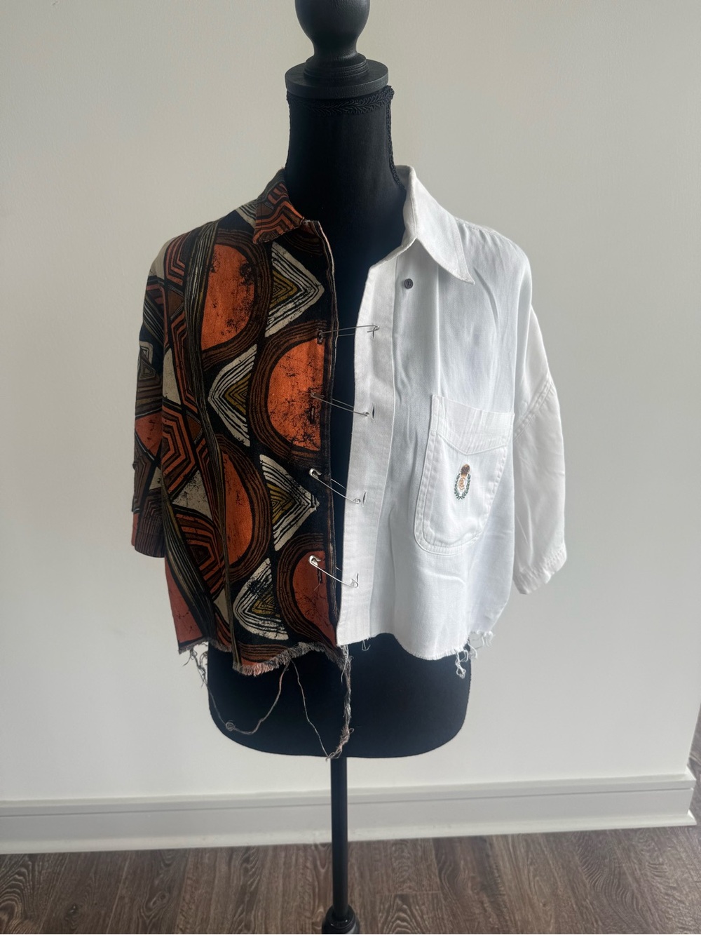 White and Rust-Accented Mixed Fabric Shirt Jacket
